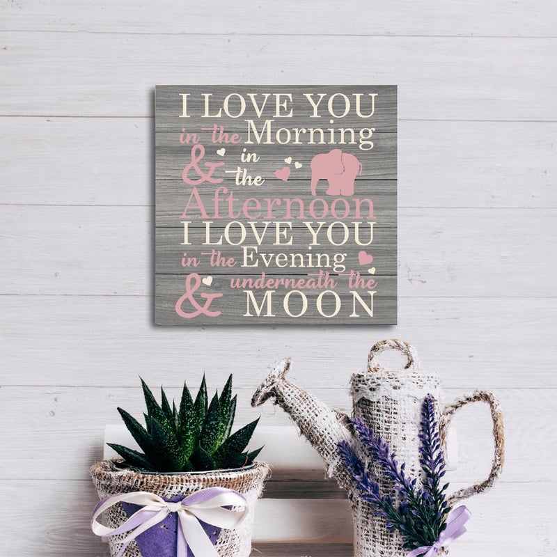 SUSZDOU Love Sign, Wood Plaque Table Art Sign 6.2 * 6.2inch, Elephant Wood Sign for Nursery, Decoration for Baby Girls Room, Daughter's Room Decor, I Love You in the Morning Afternoon Evening & Moon - Image 5